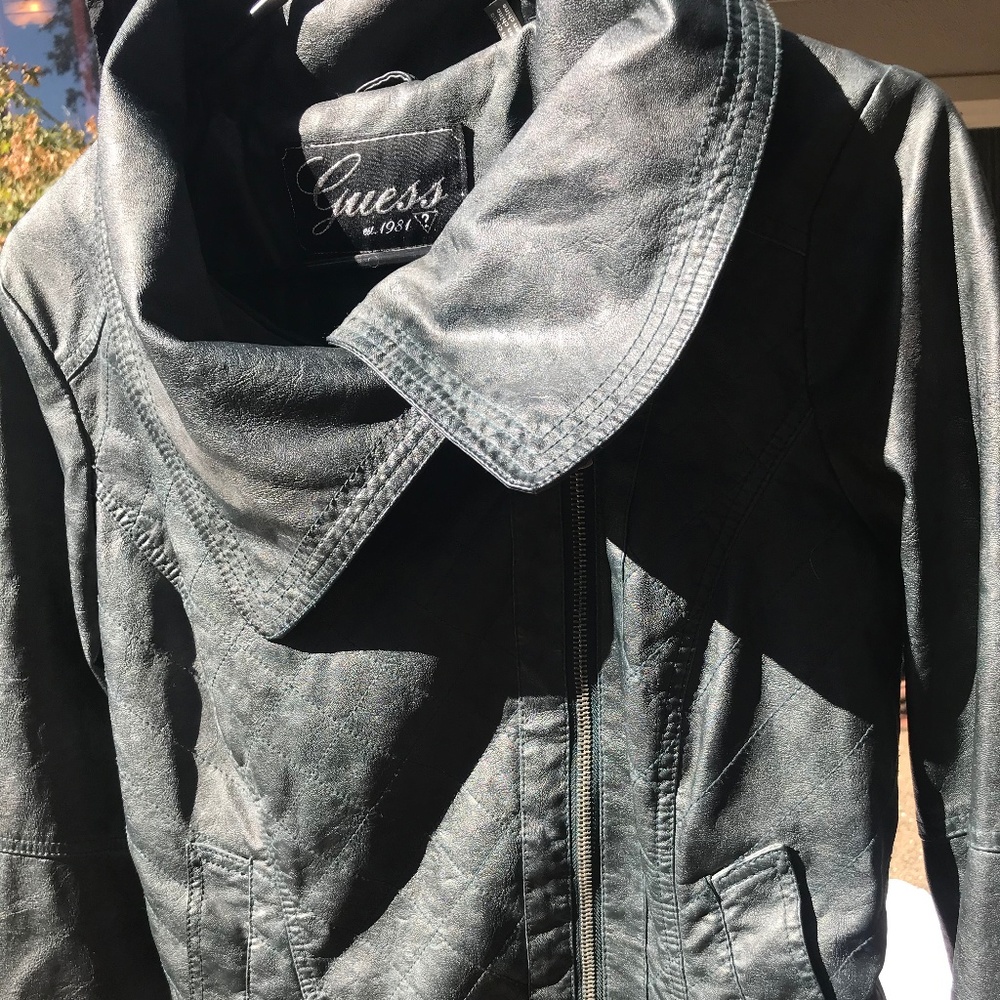 Guess, Jacket, Teal, Pockets, Faux Leather